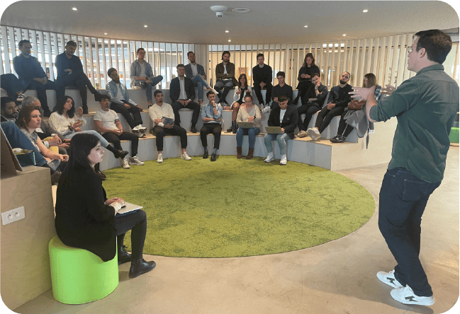 Crowd of people sitting in an atrium